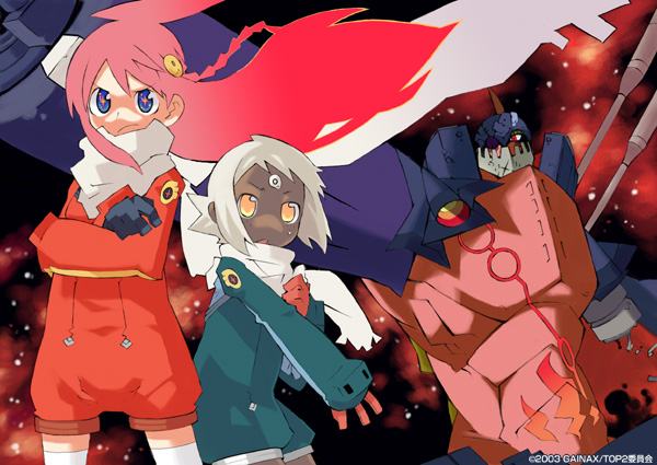 kuma jet, dix-neuf, nono (top wo nerae 2!), top wo nerae! (series), top wo nerae 2!, pilot suit, 00s, 2003, 2girls, ahoge, blonde hair, blue eyes, braid, crossed arms, dark-skinned female, dark skin, floating hair, gainaxtop, gloves, huge ahoge, long hair, mecha, multiple girls, no pupils, pink hair, robot, romper, scarf, serious, side braid, space, symbol-shaped pupils, very long hair, yellow eyes