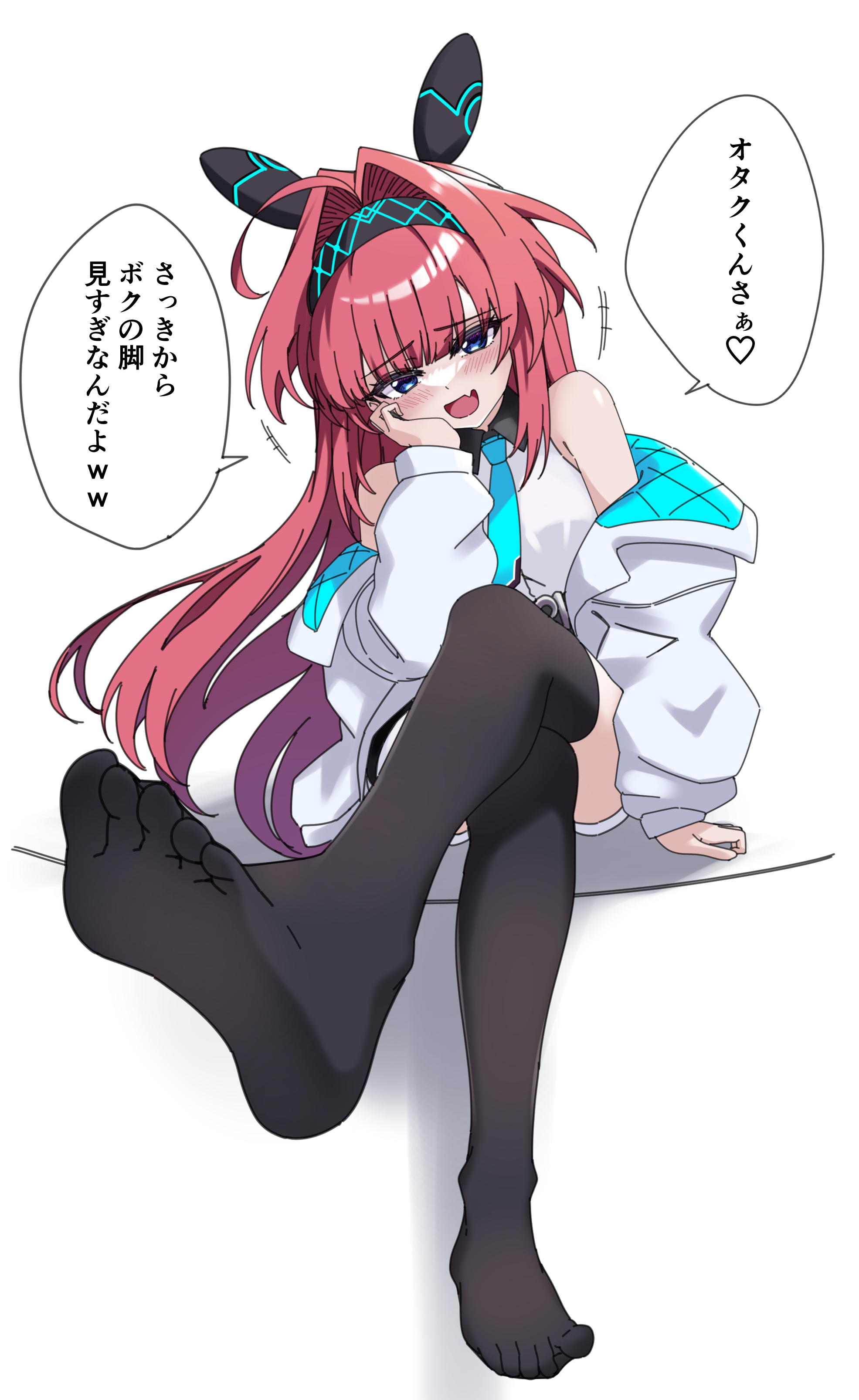 chiro (chirolchoco25), lishenna (shadowverse), shadowverse, absurdres, highres, translation request, 1girl, ahoge, black hairband, black pantyhose, black thighhighs, blue eyes, blue necktie, feet, foot focus, hair intakes, hairband, hand on own cheek, hand on own face, jacket, looking at viewer, necktie, off shoulder, pantyhose, red hair, shirt, shorts, simple background, sitting, smug, solo, thighhighs, toes, white background, white jacket, white shirt, white shorts