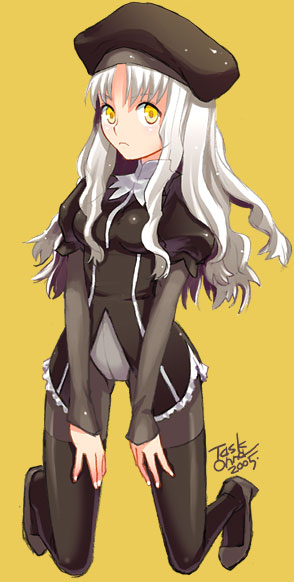 task owner, caren hortensia, fate/hollow ataraxia, fate/stay night, fate (series), 00s, 1girl, crotch seam, female focus, full body, hat, high heels, kneeling, layered sleeves, long hair, no pants, pantyhose, shoes, solo, thighhighs, white hair, yellow eyes