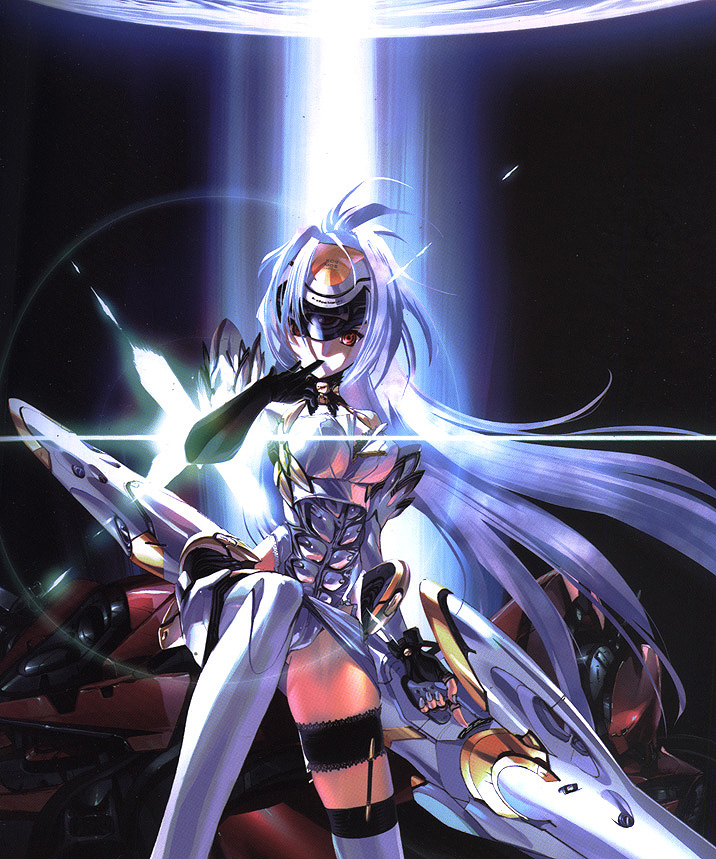 choco (chocolate shop), kos-mos, xenosaga, xenosaga episode i, light, silver hair, 00s, 1girl, ahoge, android, armor, blue hair, breastplate, elbow gloves, expressionless, female focus, finger in own mouth, fingerless gloves, floating hair, forehead protector, frilled thigh strap, gloves, hair intakes, headgear, long hair, looking at viewer, mecha musume, nail polish, purple nails, red eyes, solo, standing, standing on one leg, thigh strap, thighhighs, very long hair, weapon