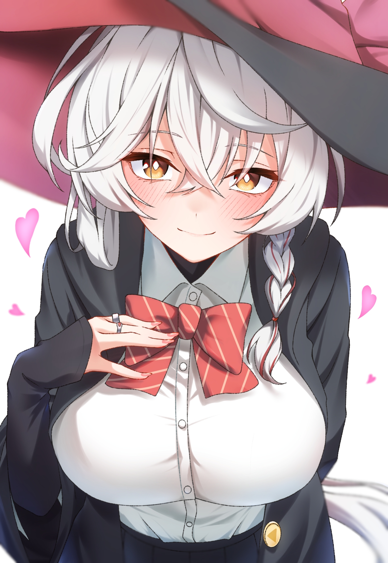 daifuku momiji, eri (blue archive), blue archive, highres, 1girl, bow, braid, breasts, closed mouth, collared shirt, hair between eyes, hair ornament, large breasts, long sleeves, looking at viewer, red bow, shirt, side braid, simple background, solo, striped bow, white background, white hair, white shirt, yellow eyes