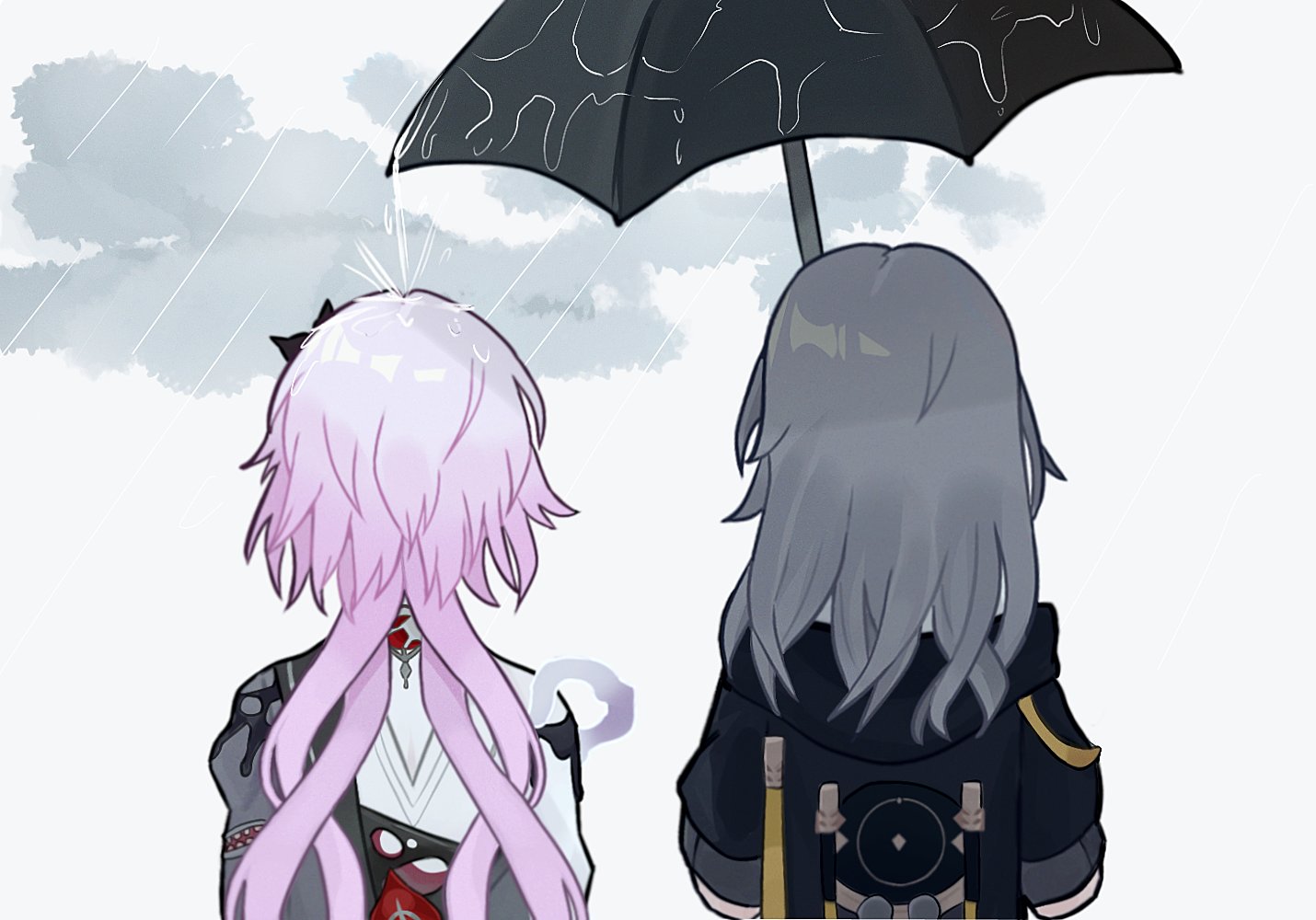 evernight (honkai: star rail), march 7th (honkai: star rail), stelle (honkai: star rail), trailblazer (honkai: star rail), honkai: star rail, honkai (series), 2girls, black coat, black dress, black umbrella, coat, dress, from behind, grey hair, holding, holding umbrella, layered dress, long hair, meme, multiple girls, nat net work, pink hair, rain, shared umbrella, umbrella, upper body, white dress