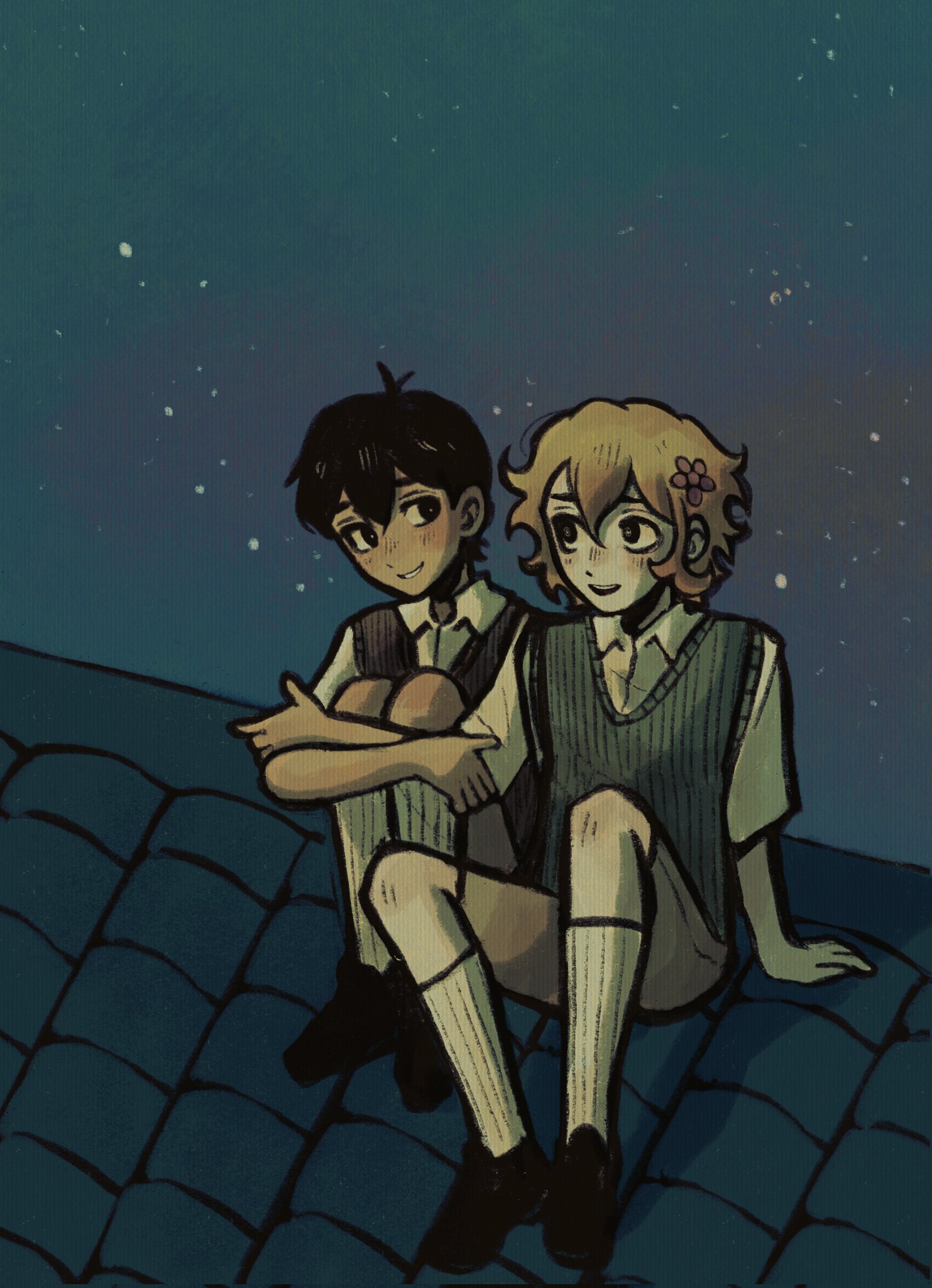 ottie pops, basil (faraway) (omori), basil (omori), sunny (omori), omori, corrupted twitter file, highres, 2boys, alternate eye color, antenna hair, arm support, black eyes, black hair, black shoes, black sweater vest, blonde hair, blush, brown shorts, crossed arms, double-parted bangs, flower, grin, hair between eyes, hair flower, hair ornament, kneehighs, knees up, loafers, looking at another, male focus, multiple boys, night, on roof, open mouth, outdoors, parted lips, shirt, shoes, short hair, shorts, sidelocks, sitting, sky, smile, socks, star (sky), starry sky, sweater vest, teeth, upper teeth only, white shirt, white socks
