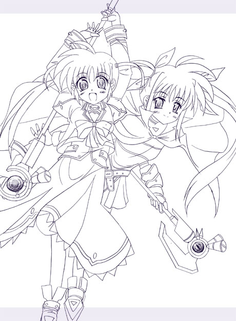 takase shin'ya, bardiche (assault form) (nanoha), bardiche (nanoha), fate testarossa, fate testarossa (lightning form), raising heart, raising heart (accel mode), takamachi nanoha, takamachi nanoha (sacred mode), lyrical nanoha, mahou shoujo lyrical nanoha, mahou shoujo lyrical nanoha a's, 00s, 2girls, :d, belt, blush, bow, cape, fingerless gloves, gauntlets, gloves, long hair, magazine (weapon), magical girl, monochrome, multiple girls, open mouth, purple theme, scythe, short twintails, smile, staff, twintails