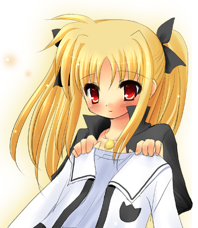 fate testarossa, lyrical nanoha, mahou shoujo lyrical nanoha, lowres, 00s, 1girl, black ribbon, black shirt, blonde hair, blush, bow, collar, collarbone, female focus, hair bow, hair ribbon, holding, holding jacket, holding unworn clothes, jacket, jewelry, light smile, looking at viewer, necklace, pendant, red eyes, ribbon, shirt, simple background, solo, twintails, two side up, unworn jacket, upper body, white background, white jacket
