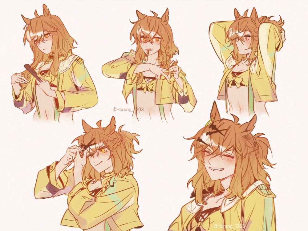 horang 1203, jungle pocket (umamusume), umamusume, 1girl, adjusting hair, animal ears, arms up, bandeau, blush, braid, breasts, brown hair, hair tie, jacket, medium hair, midriff, ponytail, small breasts, smile, twitter username, yellow eyes