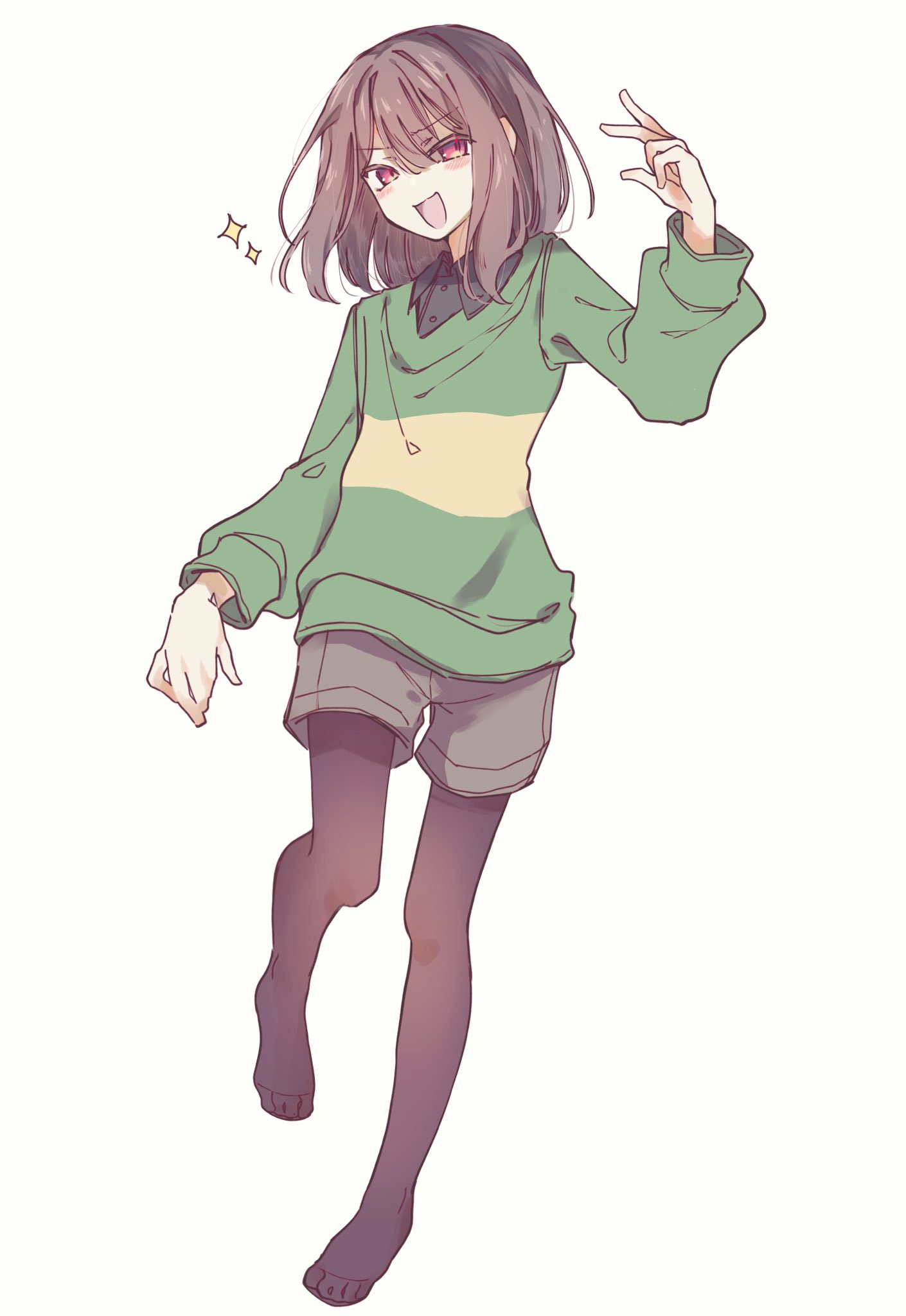 chara (undertale), undertale, utdr (toby fox), highres, 1other, androgynous, black pantyhose, brown hair, brown shorts, green sweater, looking at viewer, no shoes, okura 0915, open mouth, pantyhose, red eyes, shorts, simple background, smile, solo, sparkle, striped clothes, striped sweater, sweater, two-tone sweater, white background, yellow sweater