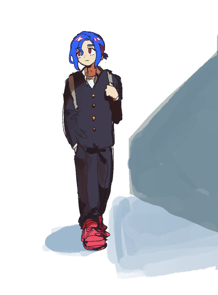 uma4kauma, shuji ito, gundam, gundam gquuuuuux, 1boy, bag, blue hair, closed mouth, gakuran, jacket, long sleeves, multicolored hair, pants, ponytail, purple hair, red eyes, red hair, school bag, school uniform, shirt, shoes, short hair, sneakers, two-tone hair, walking, white shirt