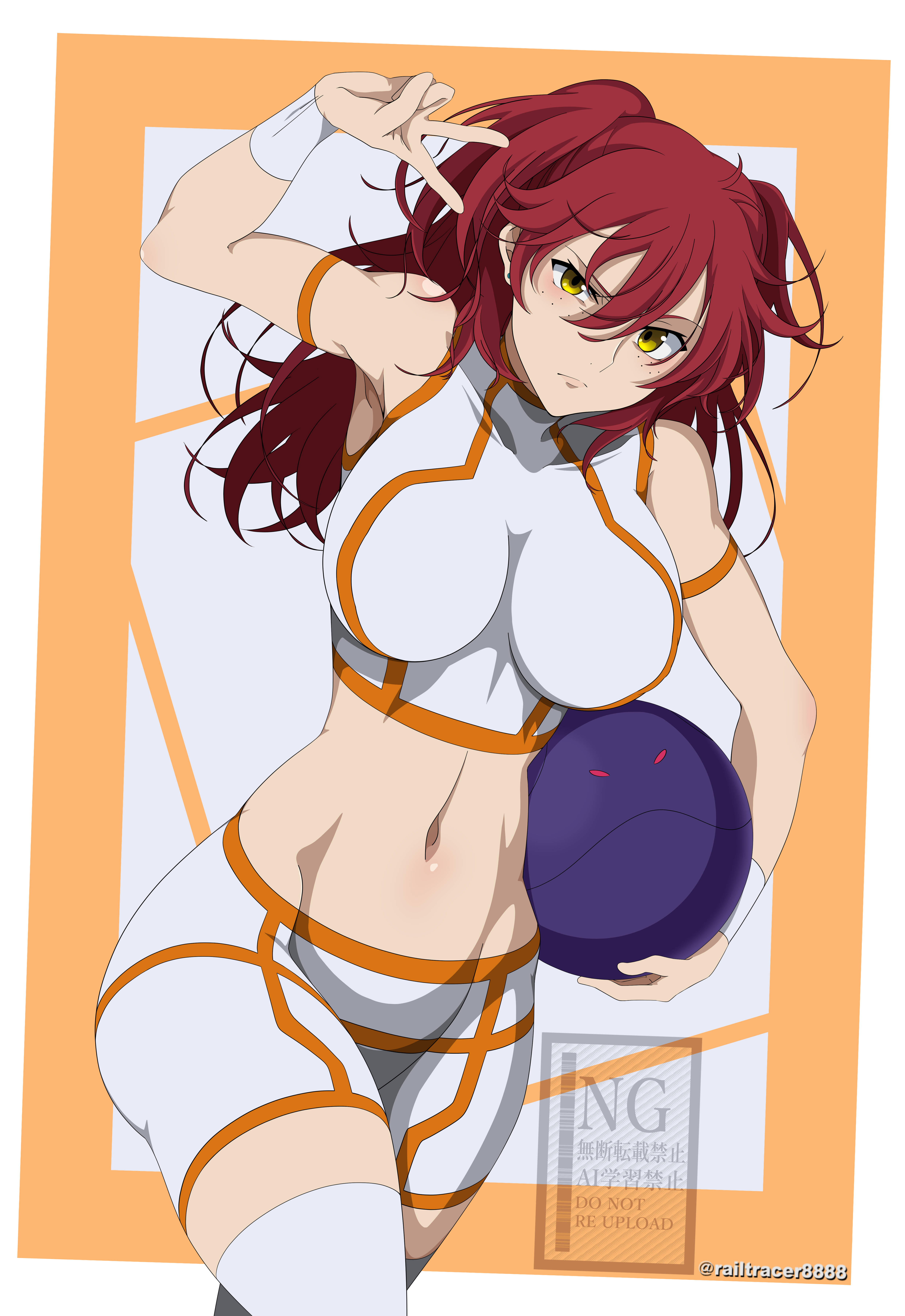 railtracer8888, bad haro, nena trinity, gundam, gundam 00, absurdres, commentary request, highres, paid reward available, 1girl, arm strap, arm up, armpits, artist name, bare shoulders, border, breasts, covered collarbone, cowboy shot, crop top, earrings, freckles, frown, groin, hair between eyes, holding, jewelry, large breasts, long hair, looking at viewer, midriff, navel, orange border, red hair, shirt, shorts, sidelocks, sleeveless, sleeveless shirt, solo, standing, thighhighs, two side up, v, watermark, white arm warmers, white shirt, white shorts, white thighhighs, yellow eyes