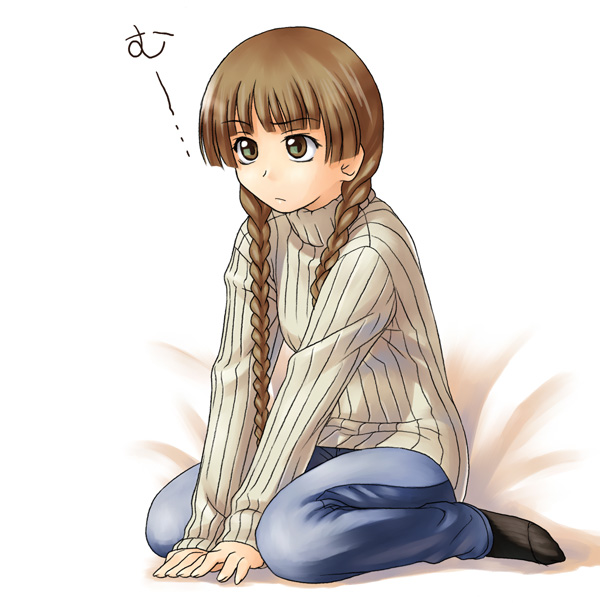 shimazu yoshino, maria-sama ga miteru, looking away, striped, 00s, 1girl, arm support, braid, brown eyes, brown hair, casual, female focus, full body, hair over shoulder, long hair, pants, sitting, socks, solo, sweater, twin braids, v arms, vertical stripes, very long hair, wariza