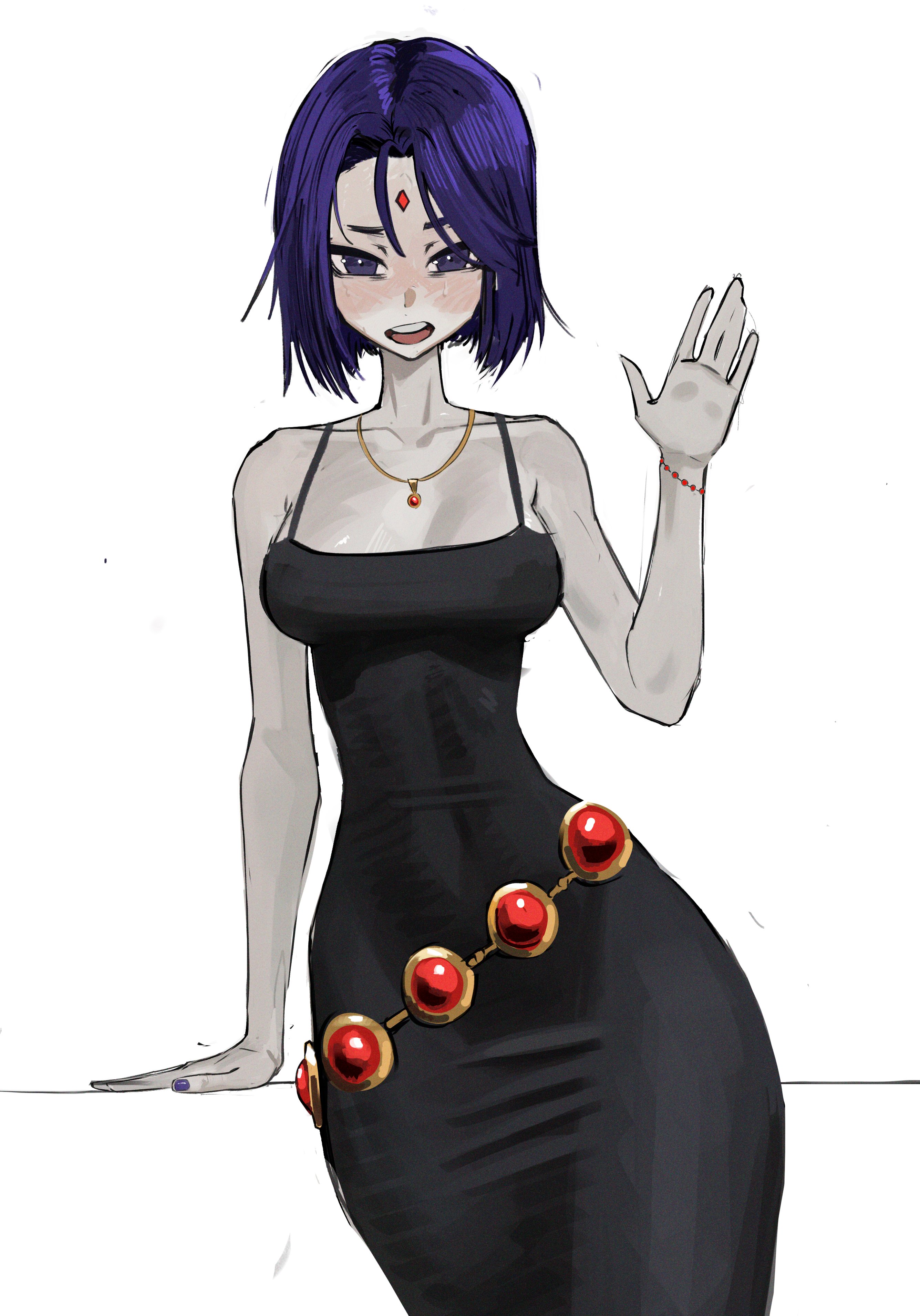 tefi blum, raven (dc), dc comics, teen titans, absurdres, highres, 1girl, arm support, black dress, bracelet, breasts, colored skin, dress, forehead jewel, gem, grey skin, hand up, jewelry, medium breasts, medium hair, necklace, open mouth, purple eyes, purple hair, red gemstone, simple background, solo, teeth, upper teeth only, white background