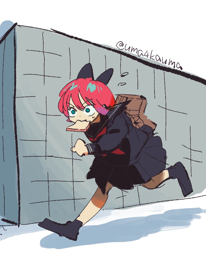 uma4kauma, amate yuzuriha, gundam, gundam gquuuuuux, 1girl, aqua eyes, bag, black serafuku, black skirt, bread, bread slice, food, food in mouth, hair ornament, hair ribbon, late for school, long sleeves, neckerchief, pleated skirt, red hair, ribbon, running, sailor collar, school bag, school uniform, serafuku, shirt, short hair, skirt, solo, sweatdrop