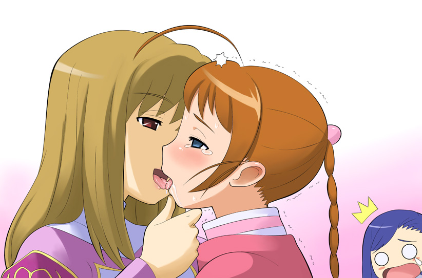 arika yumemiya, natsuki kruger, shizuru viola, my-otome, 00s, 3girls, ahoge, blue eyes, blue hair, blush, brown eyes, grabbing another's chin, hand on another's chin, kiss, meister otome uniform, multiple girls, o o, red eyes, saliva, tears, tongue, yuri