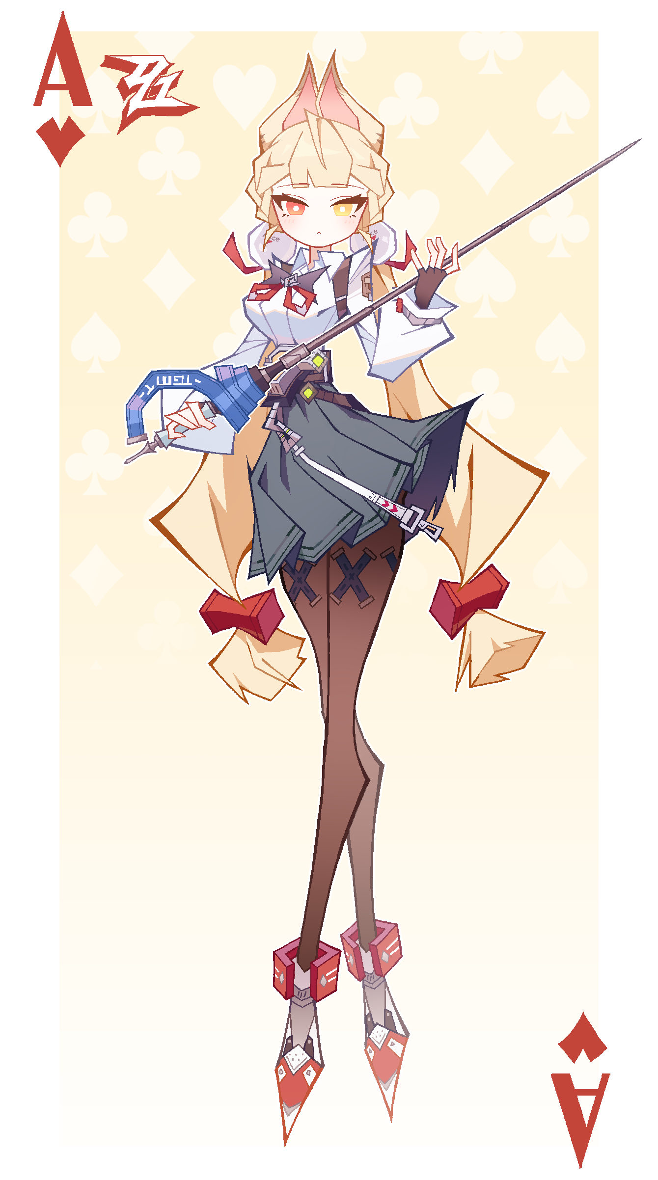 cocokana, alice thymefield, zenless zone zero, absurdres, highres, 1girl, animal ears, blonde hair, braid, breasts, heterochromia, large breasts, long hair, looking at viewer, low twintails, rabbit ears, rabbit girl, red eyes, shirt, sphere hair ornament, twintails, white shirt, yellow eyes