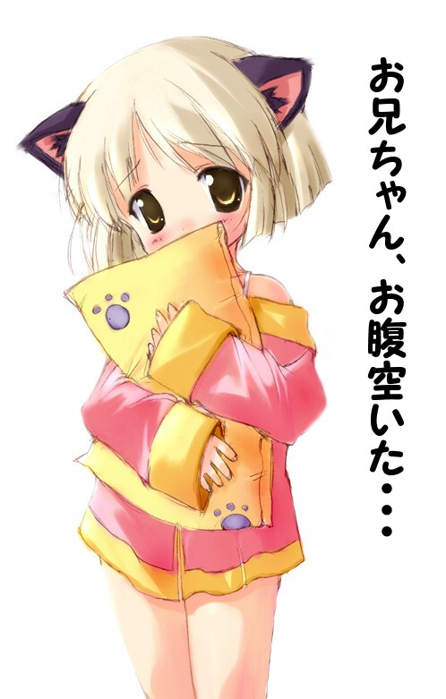 original, artist request, translated, 1girl, animal ears, blonde hair, blush, cat ears, cat girl, child, female focus, looking at viewer, pajamas, paw print, pillow, short hair, simple background, solo, standing, straight hair, white background, yellow eyes