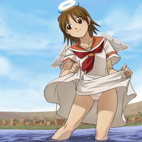 haruyama kazunori, rakka (haibane), haibane renmei, lowres, 00s, 1girl, angel wings, brown eyes, brown hair, clothes lift, day, dress, dress lift, female focus, halo, lifting own clothes, outdoors, panties, pantyshot, sailor dress, school uniform, serafuku, skirt, skirt lift, sky, smile, solo, standing, traditional halo, underwear, wading, water, white panties, wings