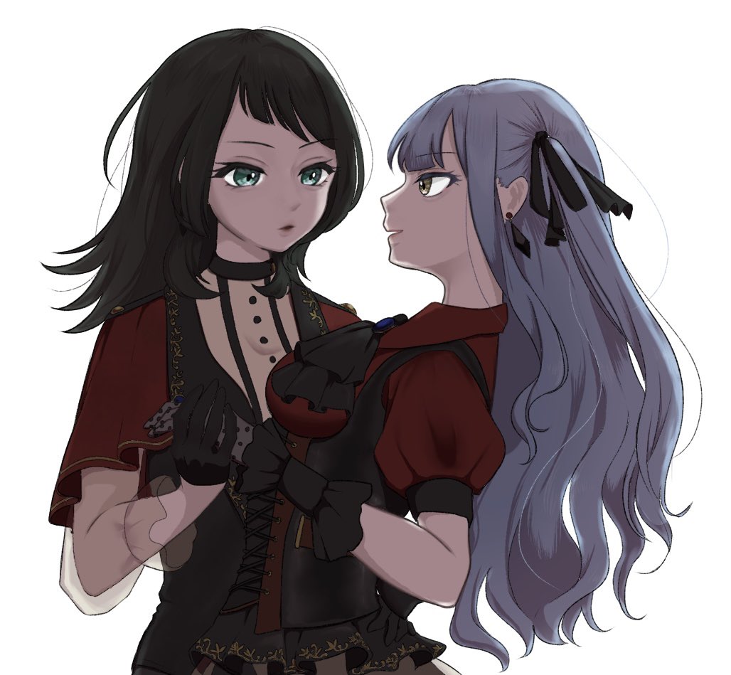 oblivionis (bang dream!), timoris (bang dream!), togawa sakiko, yahata umiri, bang dream!, bang dream! it's mygo!!!!!, commentary request, 2girls, ascot, black ascot, black corset, black gloves, black hair, black ribbon, blue eyes, blue hair, corset, earrings, gloves, hair ribbon, jewelry, long hair, m u kyu, multiple girls, parted lips, red shirt, ribbon, see-through clothes, see-through sleeves, shirt, short sleeves, simple background, two side up, upper body, white background, yellow eyes, yuri
