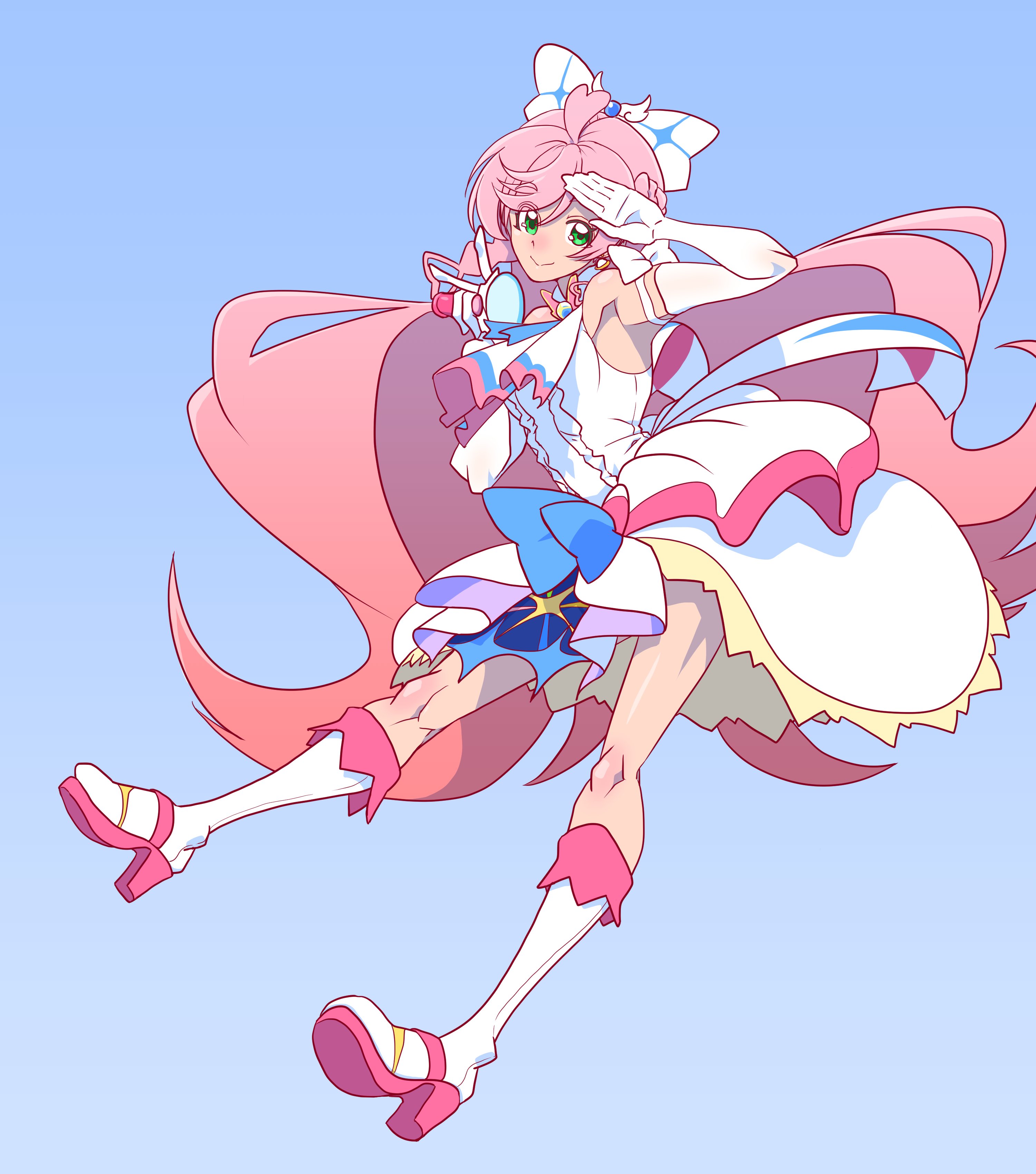 imtmcomics, cure prism, nijigaoka mashiro, hirogaru sky! precure, precure, absurdres, commentary, highres, 1girl, ascot, blue background, blue bow, boots, bow, braid, brooch, center frills, closed mouth, crown braid, dress, dress bow, earrings, elbow gloves, frills, full body, glove bow, gloves, green eyes, hair bow, holding, jewelry, knee boots, layered dress, leaning forward, long hair, looking at viewer, magical girl, medium dress, pink hair, side braids, simple background, sky mirage, sleeveless, sleeveless dress, smile, solo, standing, very long hair, waving, white ascot, white boots, white bow, white dress, white gloves, wing brooch