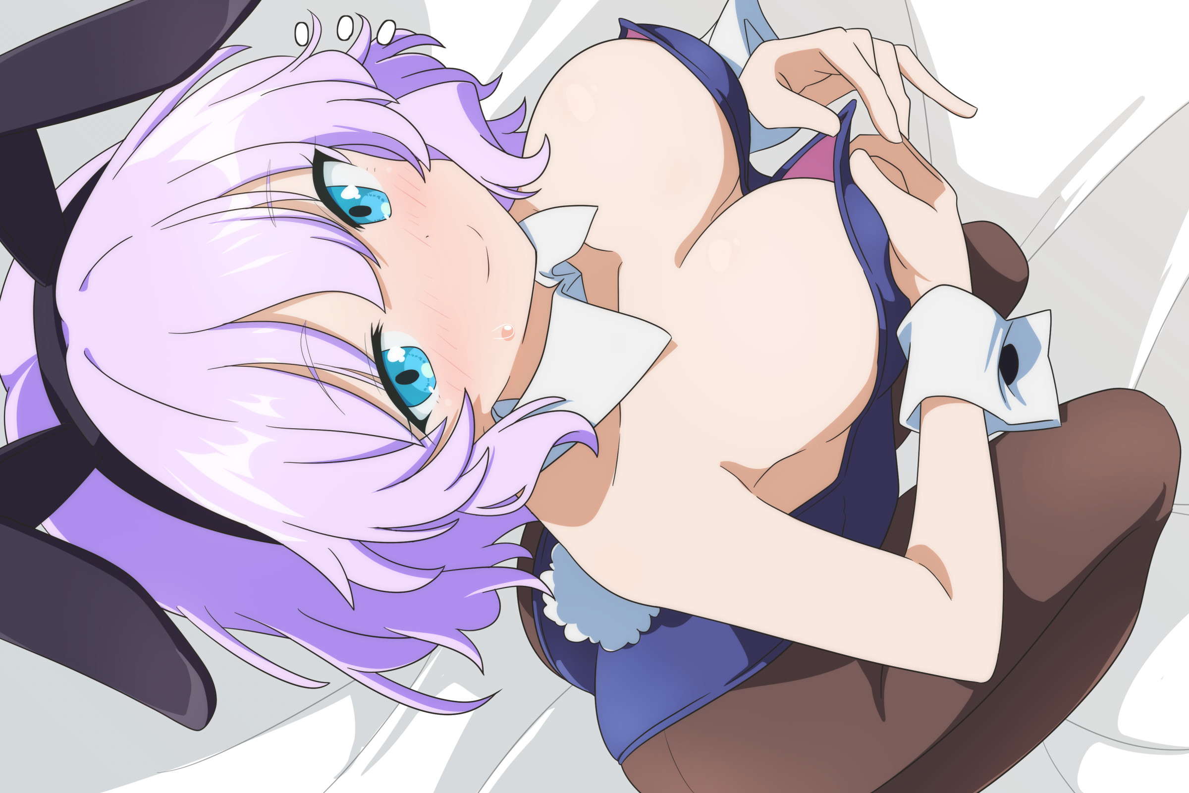 cato (monocatienus), letty whiterock, touhou, commentary request, highres, partial commentary, 1girl, animal ear hairband, animal ears, blue eyes, blue leotard, blush, breasts, brown pantyhose, bunny day, close-up, closed mouth, collar, fake animal ears, fake tail, from above, hair between eyes, hairband, large breasts, leotard, leotard peel, light blush, looking at viewer, looking up, nose blush, on bed, pantyhose, playboy bunny, purple hair, rabbit ears, rabbit tail, short hair, sitting, smile, solo, split mouth, strapless, strapless leotard, sweatdrop, tail, upside-down, white collar, white wrist cuffs, wrist cuffs