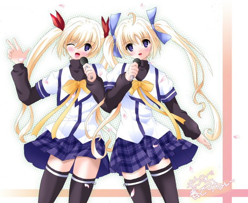 mikoshiba rea, mikoshiba rio, clover heart's, 2girls, ;d, ahoge, black thighhighs, blonde hair, blue eyes, blush, bow, layered sleeves, long hair, long sleeves, looking at viewer, microphone, multiple girls, one eye closed, open mouth, petals, plaid clothes, plaid skirt, school uniform, serafuku, short over long sleeves, short sleeves, siblings, sisters, skirt, smile, thighhighs, turtleneck, twins, twintails, wink, zettai ryouiki