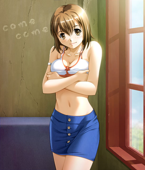 macha (come-come), elie, rave (manga), breast hold, 00s, 1girl, armband, bare shoulders, blush, breasts, brown eyes, brown hair, cleavage, female focus, midriff, miniskirt, pencil skirt, short hair, skirt, solo, tank top, window