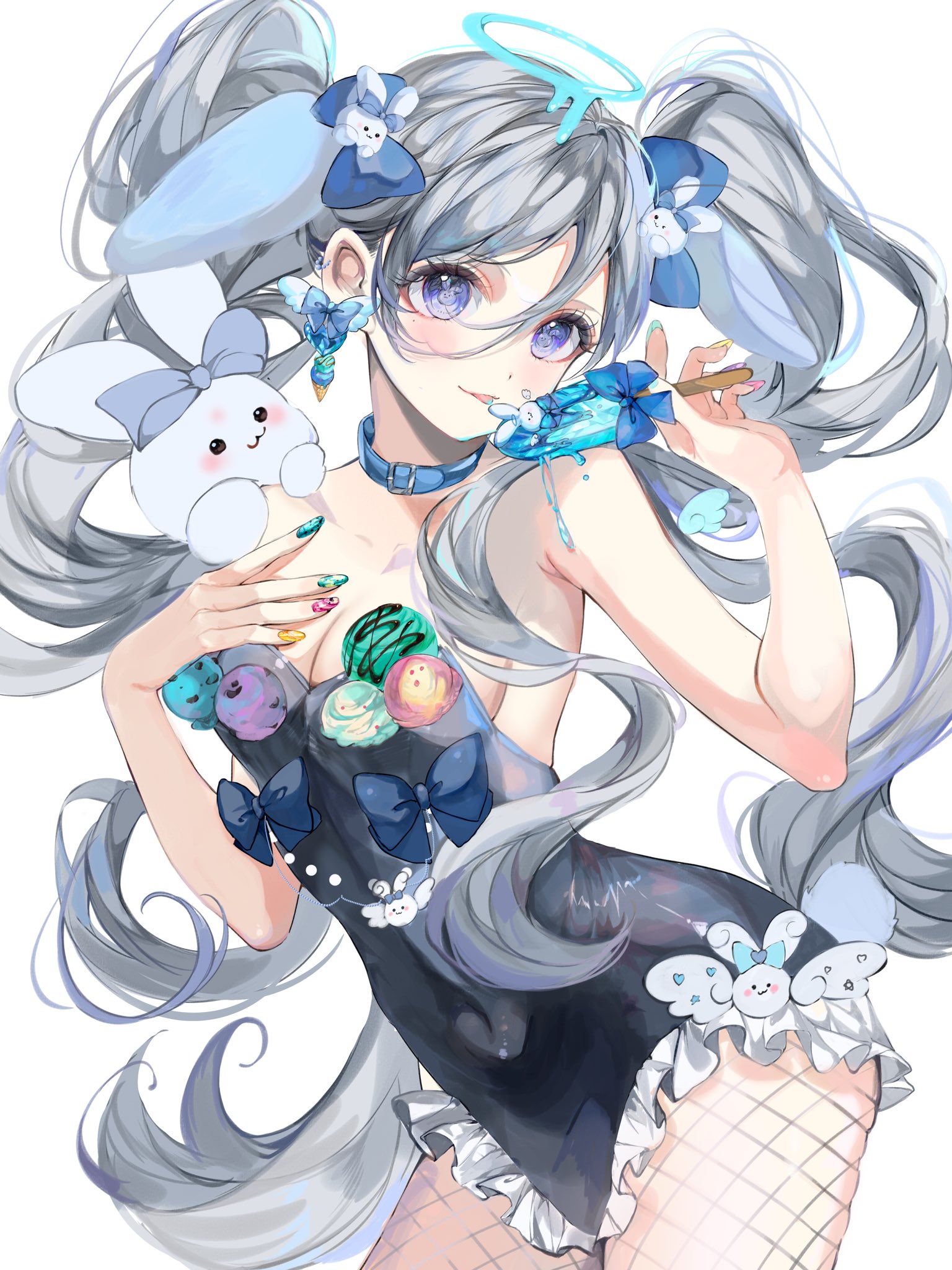 mira hidume, original, highres, 1girl, armpits, black leotard, blue bow, blue collar, blue eyes, blush, bow, breasts, choker, cleavage, closed mouth, collar, dress, fishnet pantyhose, fishnets, food, frilled leotard, frills, grey hair, hair between eyes, hair bow, hair ornament, holding, holding food, holding popsicle, leotard, long hair, looking at viewer, medium breasts, melting popsicle, pantyhose, popsicle, rabbit, ribbon, simple background, smile, solo, very long hair, white background