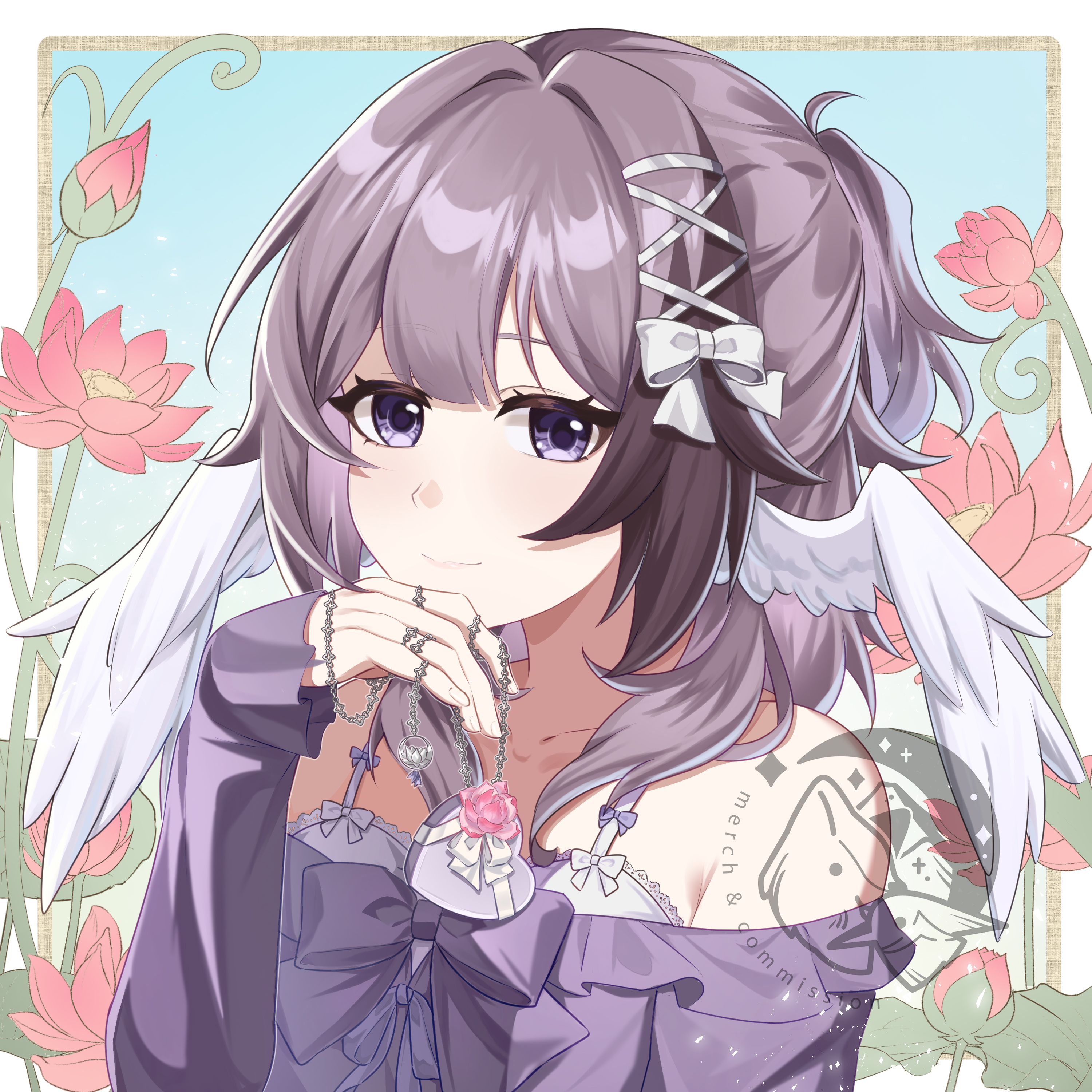 original, alternate version, absurdres, commission, highres, vgen commission, 1girl, angel wings, bow, braid, canaliya, choker, dress, floral background, flower, flower accessory, frills, jewelry, lotus, mini wings, necklace, off shoulder, pastel background, purple dress, purple eyes, purple hair, ribbon, ring, short hair, signature, smile, upper body, watermark, wings