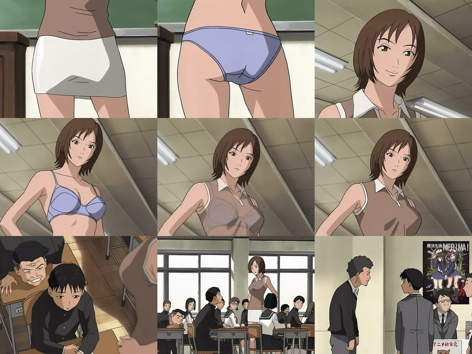ogasawara momoko, beck, anime screenshot, 00s, 5girls, 6+boys, ass, blue bra, blue panties, bra, bra visible through clothes, lingerie, multiple boys, multiple girls, panties, pencil skirt, see-through clothes, skirt, teacher, underwear