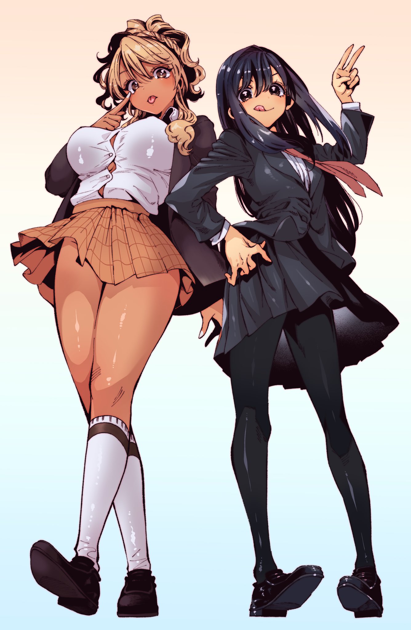 nariie shin'ichirou, wada (food court), yamamoto (food court), food court de mata ashita, highres, 2girls, :q, akanbe, black hair, black jacket, black pantyhose, black skirt, blazer, blonde hair, blue background, breasts, button gap, collared shirt, dress shirt, eyelid pull, full body, gradient background, hand on own hip, jacket, kneehighs, large breasts, loafers, long hair, long sleeves, multiple girls, open clothes, open jacket, orange skirt, pantyhose, pink background, plaid clothes, plaid skirt, pleated skirt, shirt, shoes, skirt, socks, tan, tongue, tongue out, upskirt, v, white shirt, white socks, wind, wind lift