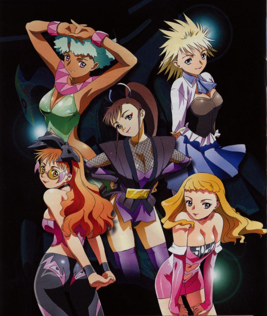 aoi zip campaign girl, missing link campaign girl, storm zender campaign girl, sugo grand prix campaign girl, union savior campaign girl, cyberformula, future gpx cyber formula, 1990s (style), 5girls, aqua hair, bare shoulders, blonde hair, blue eyes, bow, breasts, brown hair, elbow gloves, fishnets, gloves, grey eyes, large breasts, medium breasts, multiple girls, pink eyes, ponytail, red hair, skirt, sunglasses, tan, thighhighs