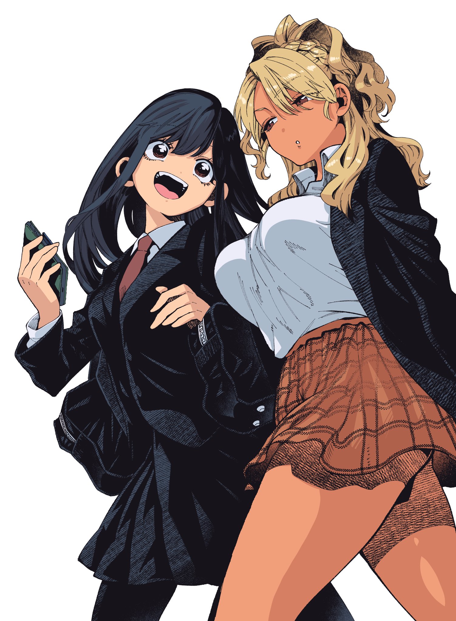 nariie shin'ichirou, wada (food court), yamamoto (food court), food court de mata ashita, highres, :d, bag, black hair, black jacket, blazer, blonde hair, braid, breasts, brown eyes, collared shirt, cowboy shot, holding, holding phone, jacket, large breasts, long hair, looking at another, necktie, open mouth, orange skirt, pantyhose, parted lips, phone, pleated skirt, red necktie, school bag, shirt, side-by-side, skirt, smile, tan, teeth, upper teeth only, white background