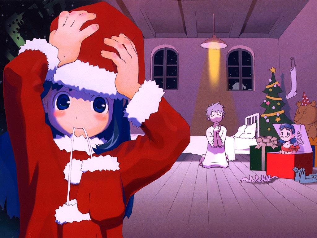 takeuchi sakura, choko, choko (chokotto sister), kawagoe haruma, serikawa chitose, chokotto sister, official art, 00s, 1boy, 2girls, christmas, christmas tree, cover, cover page, manga cover, mouth hold, multiple girls, praying, santa costume
