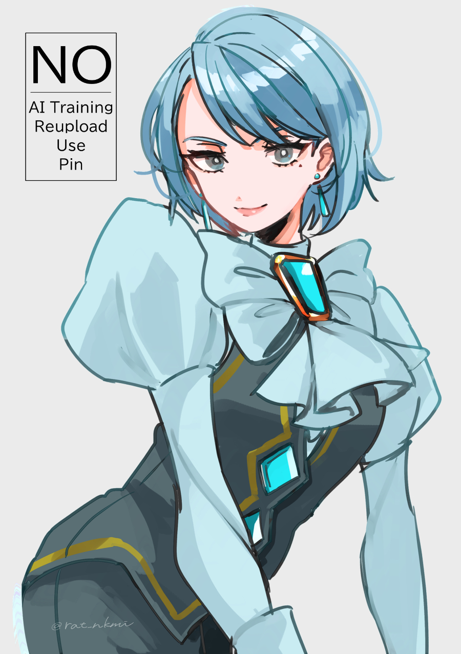 rat nkmi, franziska von karma, ace attorney, highres, 1girl, black skirt, black vest, blue hair, closed mouth, earrings, eyelashes, grey eyes, jewelry, juliet sleeves, long sleeves, looking at viewer, mole, mole under eye, puffy sleeves, shirt, short hair, skirt, smile, solo, vest, white shirt