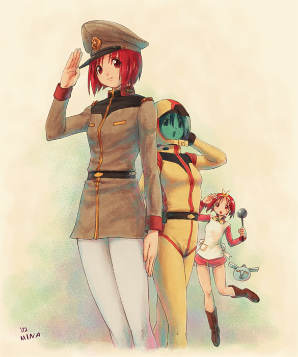 fraw bow, kamigishi akari, matilda ajan, sayla mass, gundam, mobile suit gundam, to heart, to heart (series), brown footwear, 1girl, :o, :p, apron, arm up, artist name, belt, bodysuit, boots, cosplay, crossover, emblem, hair ribbon, hairband, hat, helmet, knee boots, ladle, leg up, long sleeves, looking at viewer, military, military uniform, open mouth, pants, pantyhose, parody, peaked cap, pocket, red eyes, red hair, ribbon, salute, short hair, simple background, skin tight, smile, standing, standing on one leg, tongue, tongue out, white pants, white ribbon, yellow ribbon
