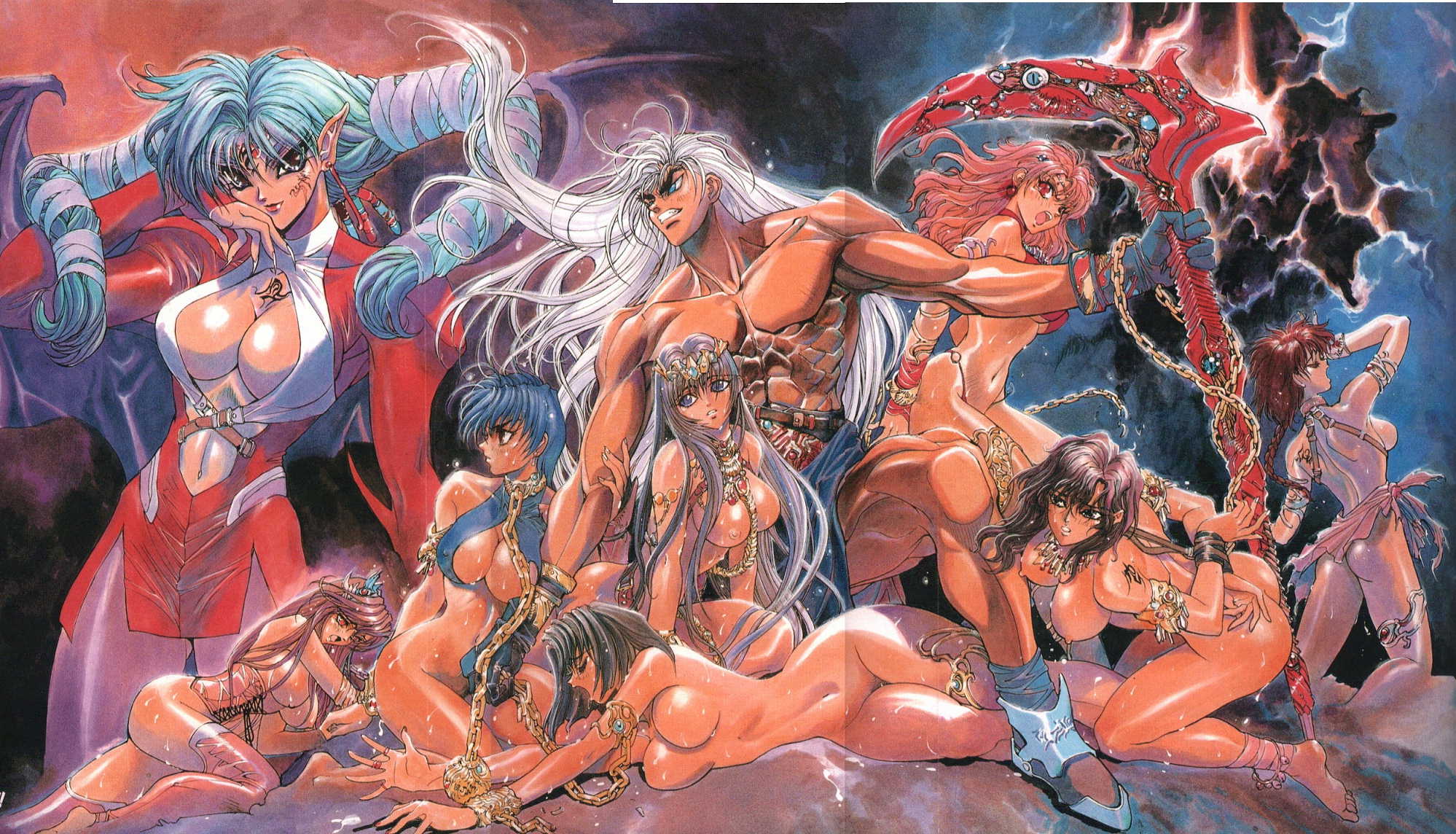 hagiwara kazushi, dark schneider, ichael monroe, sheila tel metallicana, bastard!!, highres, official art, scan, 1990s (style), 1boy, 6+girls, arms behind back, ass, barefoot, bdsm, bondage, bound, braid, breasts, chain, circlet, cleavage, crease, dark-skinned female, dark-skinned male, dark skin, demon girl, demon wings, everyone, feet, harem, large breasts, long hair, multiple girls, muscular, nipples, nude, open clothes, open shirt, retro artstyle, revealing clothes, shirt, slave, soles, sweat, thighhighs, toes, topless male, twintails, wings