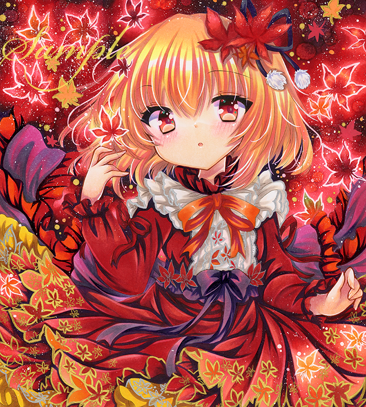 rui (sugar3), aki shizuha, touhou, commentary request, marker (medium), traditional media, autumn leaves, black ribbon, blonde hair, dress, embellished costume, hair ornament, hair ribbon, leaf, leaf hair ornament, leaf print, long sleeves, looking at viewer, maple leaf, necek ribbon, orange ribbon, parted lips, red background, red dress, red eyes, ribbon, sample watermark, short hair, upper body, watermark