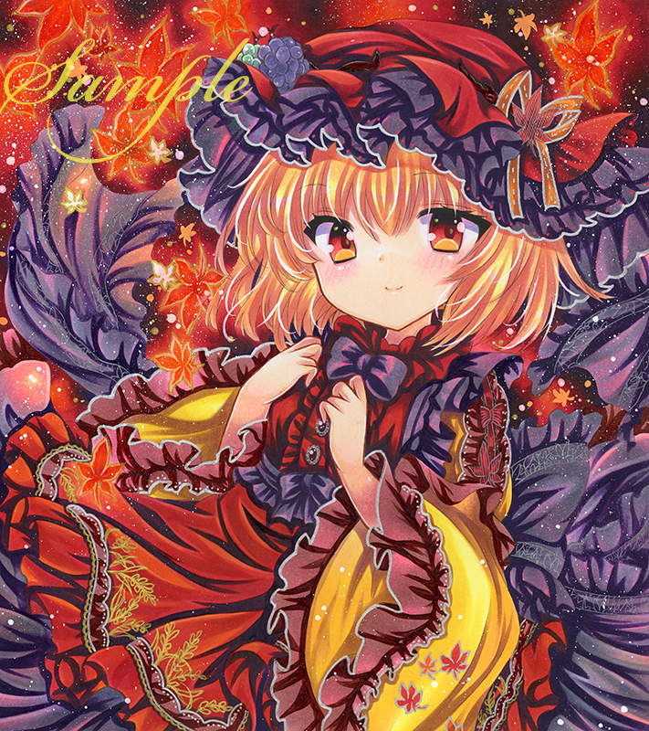 rui (sugar3), aki minoriko, touhou, commentary request, marker (medium), traditional media, 1girl, apron, autumn leaves, center frills, closed mouth, embellished costume, frills, grape hat ornament, hat, hat ribbon, leaf, long sleeves, looking at viewer, maple leaf, mob cap, orange hat, red apron, red background, red eyes, ribbon, sample watermark, shirt, short hair, smile, upper body, watermark, wide sleeves, yellow shirt