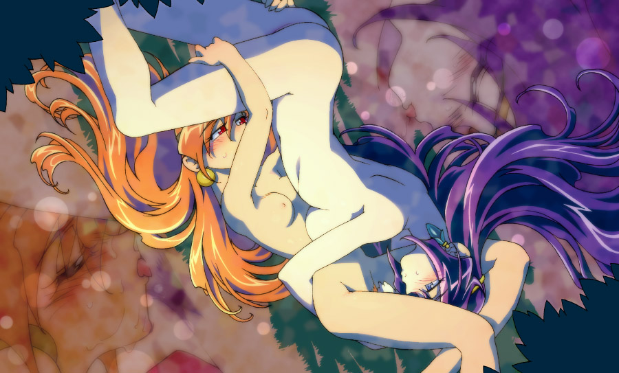 lina inverse, naga the serpent, slayers, 2girls, 69, ass, back, blue eyes, blush, breasts, circlet, closed eyes, completely nude, couple, cunnilingus, earrings, female pubic hair, hug, jewelry, large breasts, leg grab, long hair, multiple girls, nipples, nude, oral, orange hair, pubic hair, purple hair, pussy, red eyes, rotational symmetry, sideboob, small breasts, tongue, uncensored, yuri, zoom layer