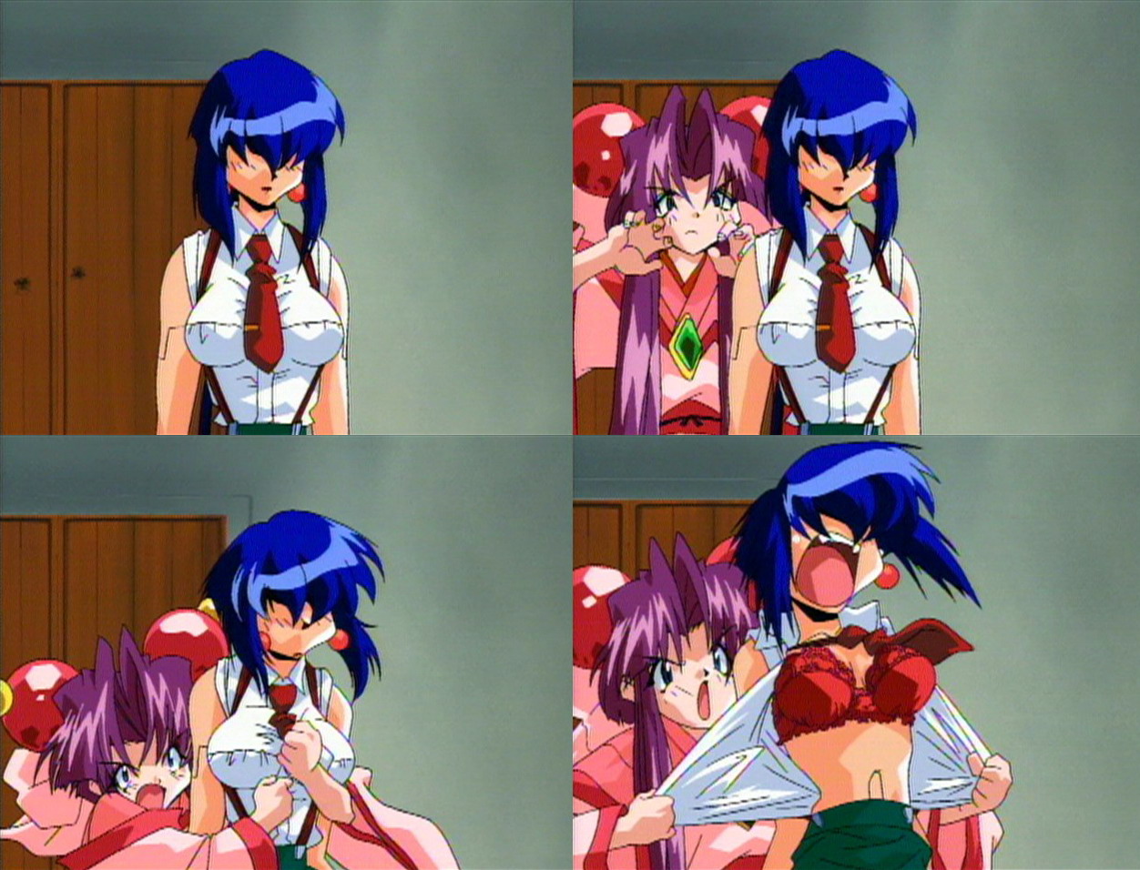 shimamura hidekazu, cherry (saber j), luchs, saber marionette j, anime screenshot, 1990s (style), 2girls, assisted exposure, blue eyes, blue hair, bra, breast envy, earrings, hair ornament, hair over eyes, japanese clothes, jewelry, kimono, lingerie, long hair, midriff, multiple girls, necktie, open clothes, open mouth, open shirt, purple hair, red bra, retro artstyle, shirt, sleeveless, surprised, suspenders, underwear, undressing