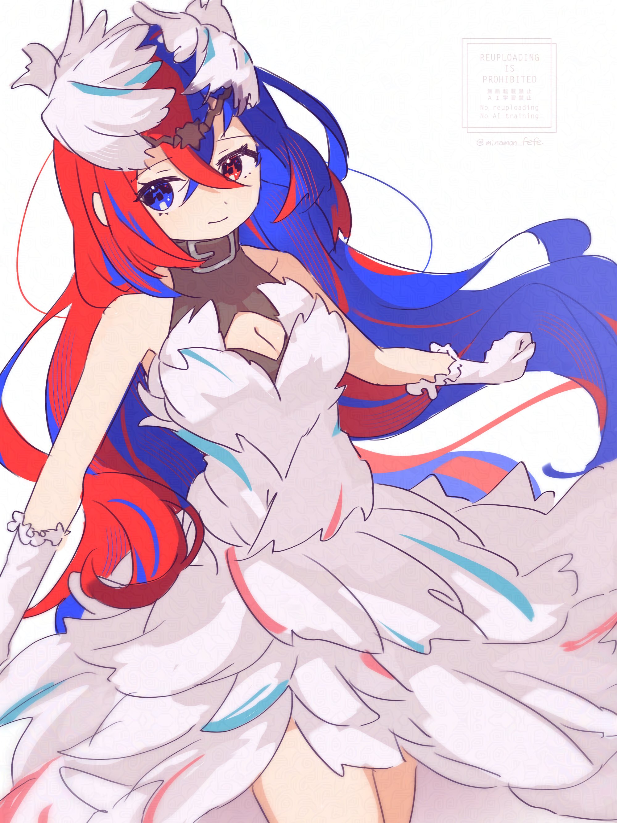 sorane amus, female alear (fire emblem), veyle (fire emblem), fire emblem, fire emblem engage, nintendo, absurdres, highres, 1girl, bare shoulders, black choker, blue eyes, blue hair, choker, closed mouth, cosplay, crossed bangs, dress, gloves, hair between eyes, hair ornament, heterochromia, long hair, looking at viewer, multicolored hair, red eyes, red hair, sleeveless, sleeveless dress, solo, split-color hair, two-tone hair, very long hair, veyle (fire emblem) (cosplay), white background, white dress, white gloves, wing hair ornament