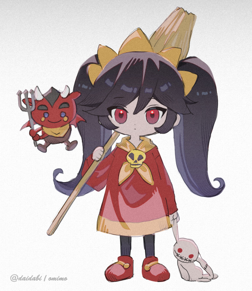 d omm, ashley (warioware), red (warioware), nintendo, warioware, commentary request, 1girl, black hair, black pantyhose, brooch, broom, closed mouth, dot nose, dress, expressionless, full body, hairband, holding, holding broom, holding stuffed toy, jewelry, long hair, long sleeves, neckerchief, orange hairband, orange neckerchief, pantyhose, red dress, red eyes, red shoes, shoes, sidelocks, skull brooch, solo, standing, stuffed animal, stuffed rabbit, stuffed toy, twintails, twitter username, white background