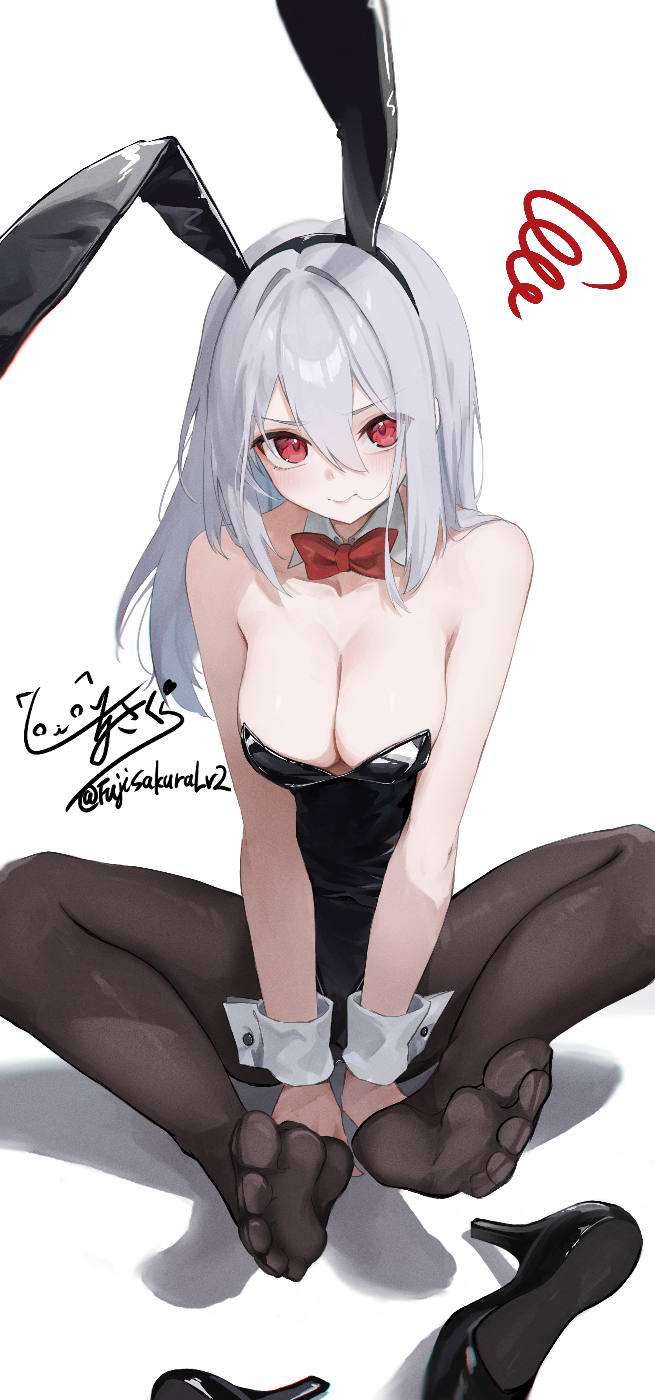 fuji sakura, original, absurdres, highres, 1girl, animal ear hairband, animal ears, artist name, black hairband, black leotard, black pantyhose, black shoes, breasts, cleavage, detached collar, fake animal ears, grey hair, hairband, high heels, large breasts, leotard, long hair, looking at viewer, pantyhose, playboy bunny, rabbit ears, red eyes, shadow, shoes, signature, simple background, solo, toes, unworn shoes, white background