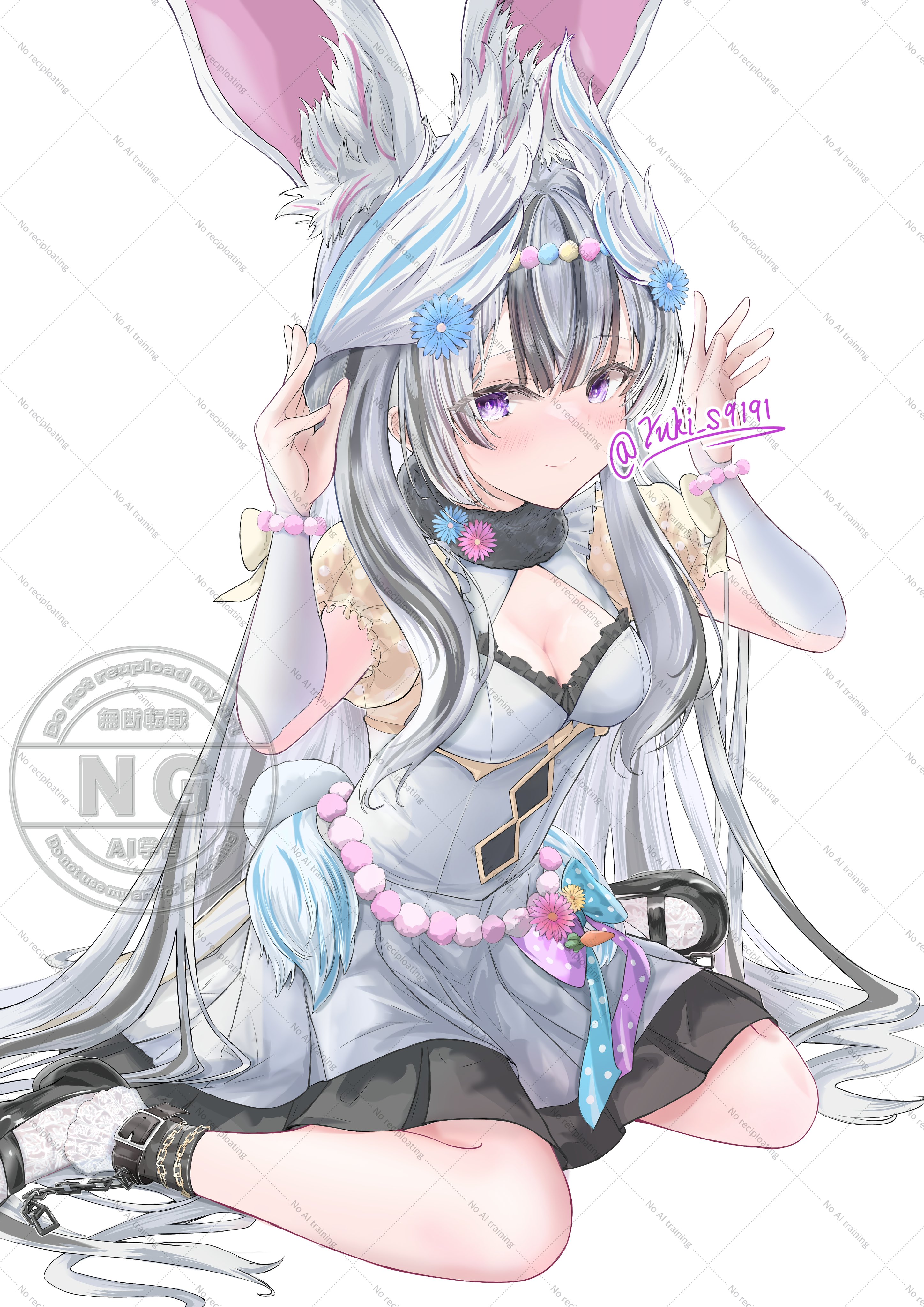 yuki s9191, veyle (fire emblem), veyle (spring) (fire emblem), fire emblem, fire emblem engage, fire emblem heroes, nintendo, absurdres, highres, 1girl, animal ear fluff, animal ears, black hair, blush, breasts, cleavage, closed mouth, dress, fake animal ears, grey hair, hair ornament, long hair, looking at viewer, multicolored hair, official alternate costume, puffy short sleeves, puffy sleeves, purple eyes, rabbit ears, rabbit pose, short sleeves, sitting, small breasts, smile, solo, twitter username, two-tone hair, very long hair, wariza, white dress, wing hair ornament