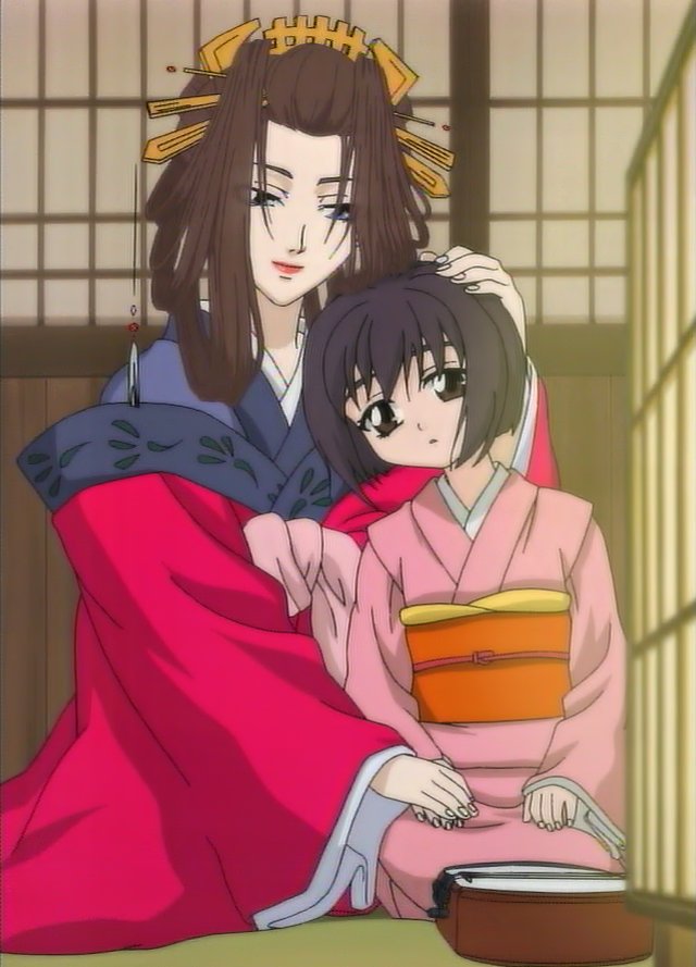 akesato, saya (peace maker kurogane), peace maker kurogane, anime screenshot, 2girls, black eyes, black hair, blue eyes, brown hair, child, hair ornament, hand on another's head, japanese clothes, kimono, kneeling, lipstick, makeup, multiple girls, obi, sash, short hair, smile