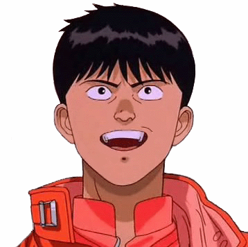 kaneda shoutarou (akira), akira (manga), 1980s (style), anime screenshot, lowres, third-party edit, 1boy, black hair, grin, jacket, looking up, male focus, oldschool, open mouth, red jacket, retro artstyle, short hair, simple background, smile, solo, template, white background