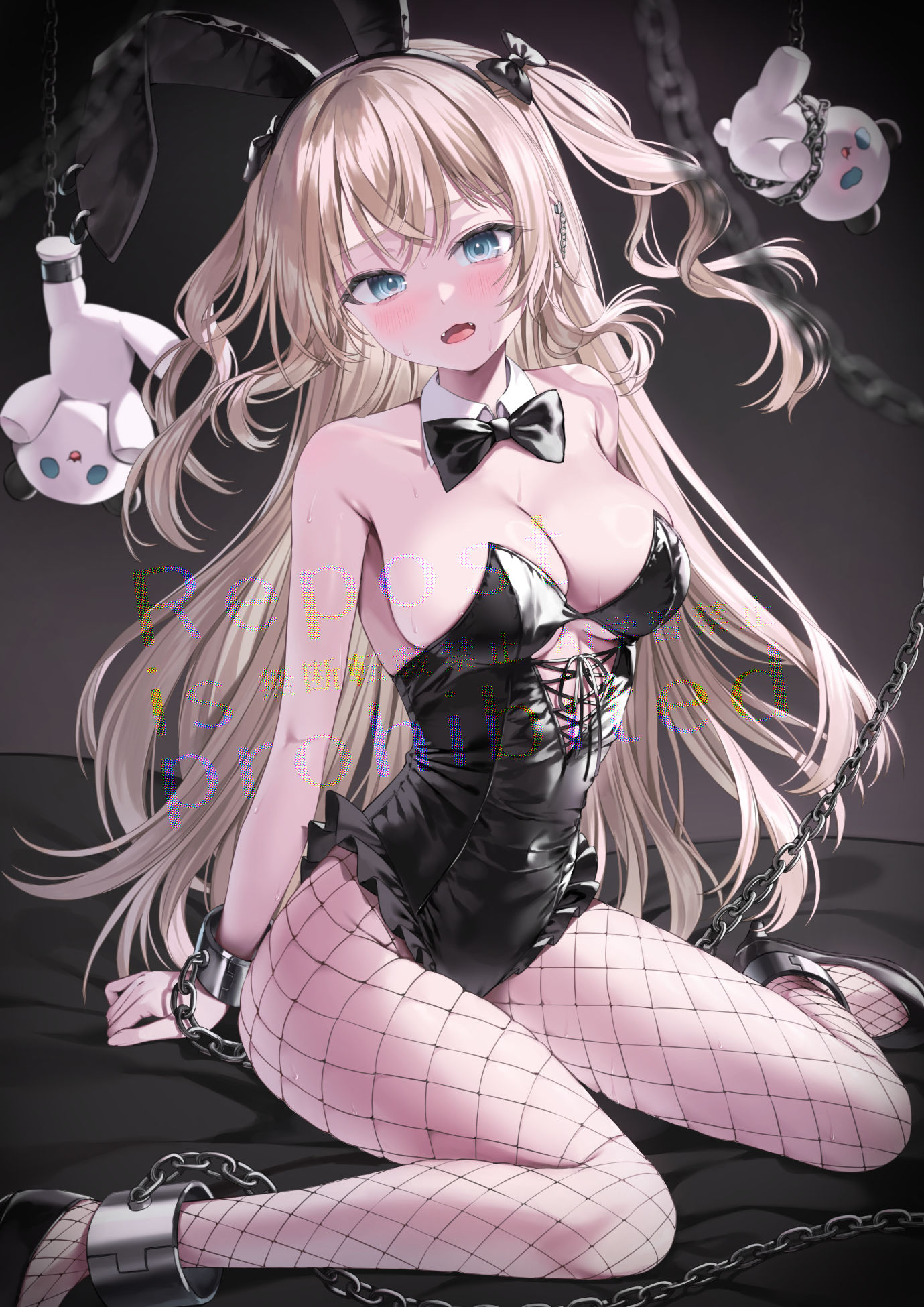 yana mori, original, highres, 1girl, animal ear hairband, animal ears, bare shoulders, black bow, black hairband, black leotard, blonde hair, blue eyes, bound, bound ankles, bound wrists, bow, breasts, bunny day, chain, cleavage, detached collar, doll, fake animal ears, fishnet pantyhose, fishnets, hairband, large breasts, leotard, long hair, open mouth, pantyhose, playboy bunny, rabbit ears, solo