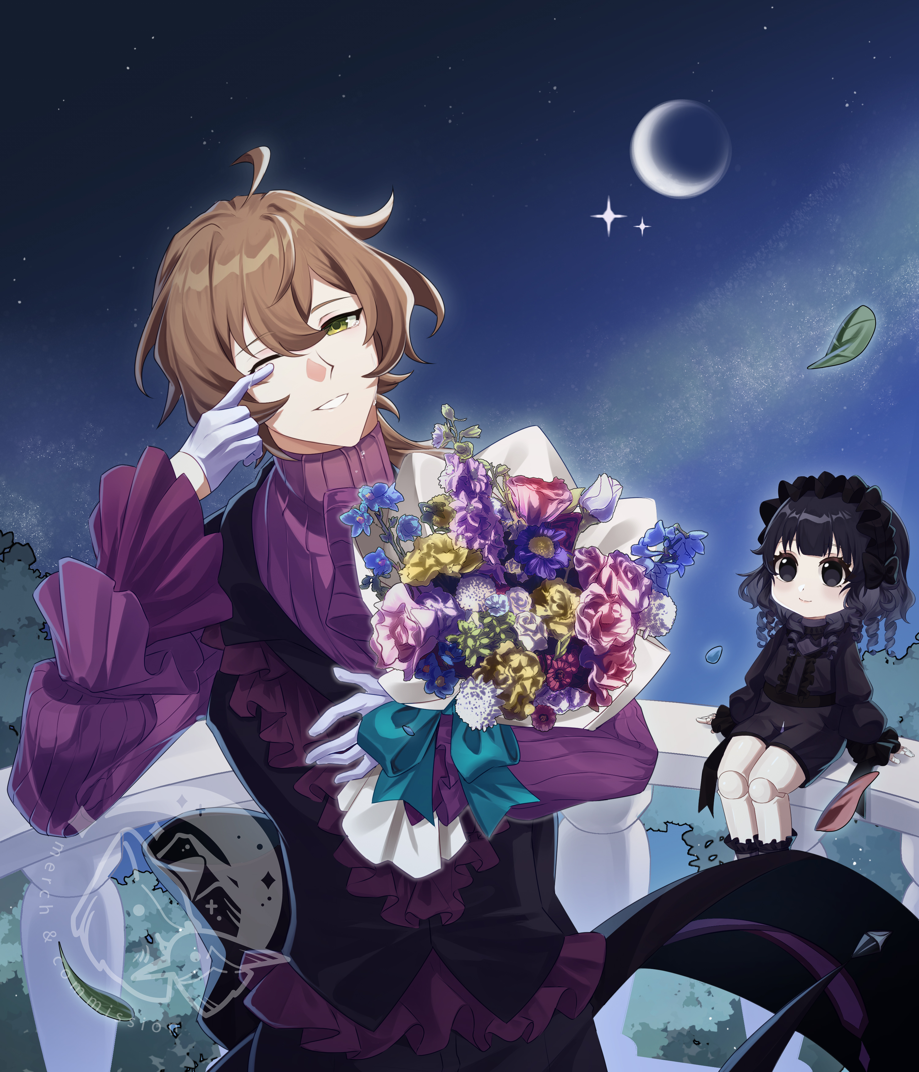 original, absurdres, commission, highres, vgen commission, 1boy, 1girl, balcony, black hair, bonnet, brown hair, canaliya, chibi, curly hair, doll, dress, flower bouquet, frilled shirt, frills, gloves, gothic lolita, green eyes, half body, holding, leaf, lolita fashion, moon, night, outdoors, purple shirt, shirt, signature, sitting, smile, watermark