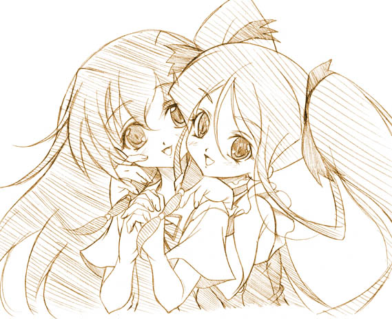 kuroki manatsu, tachibana ichika, utakata, 00s, 2girls, hug, hug from behind, long hair, monochrome, multiple girls, own hands clasped, own hands together, sketch, smile, twintails, upper body