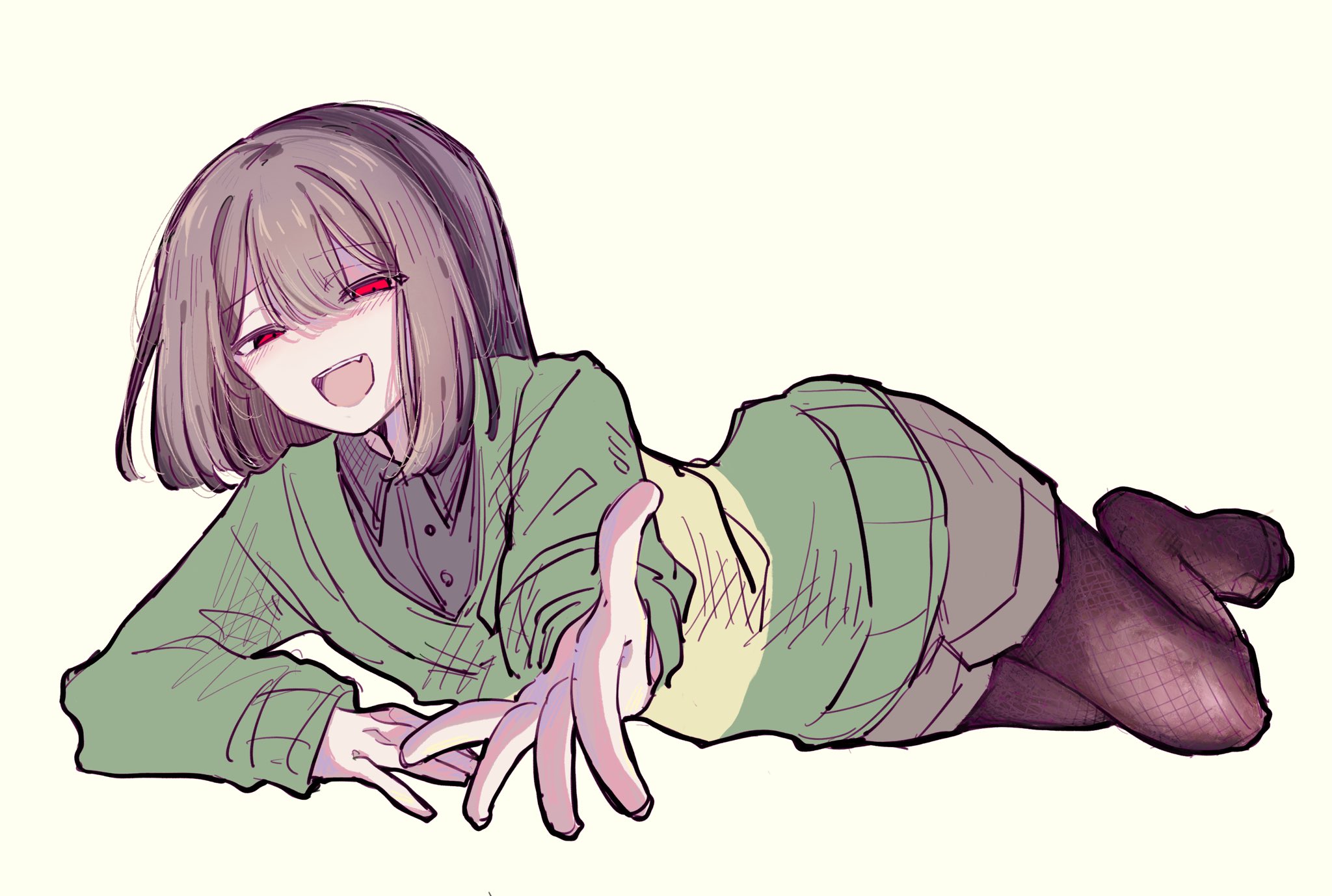 chara (undertale), undertale, utdr (toby fox), highres, 1other, androgynous, brown hair, brown pantyhose, brown shorts, fang, green sweater, half-closed eyes, long sleeves, looking at viewer, lying, no shoes, okura 0915, on side, open mouth, outstretched hand, pantyhose, red eyes, shorts, simple background, smile, solo, striped clothes, striped sweater, sweater, two-tone sweater, white background