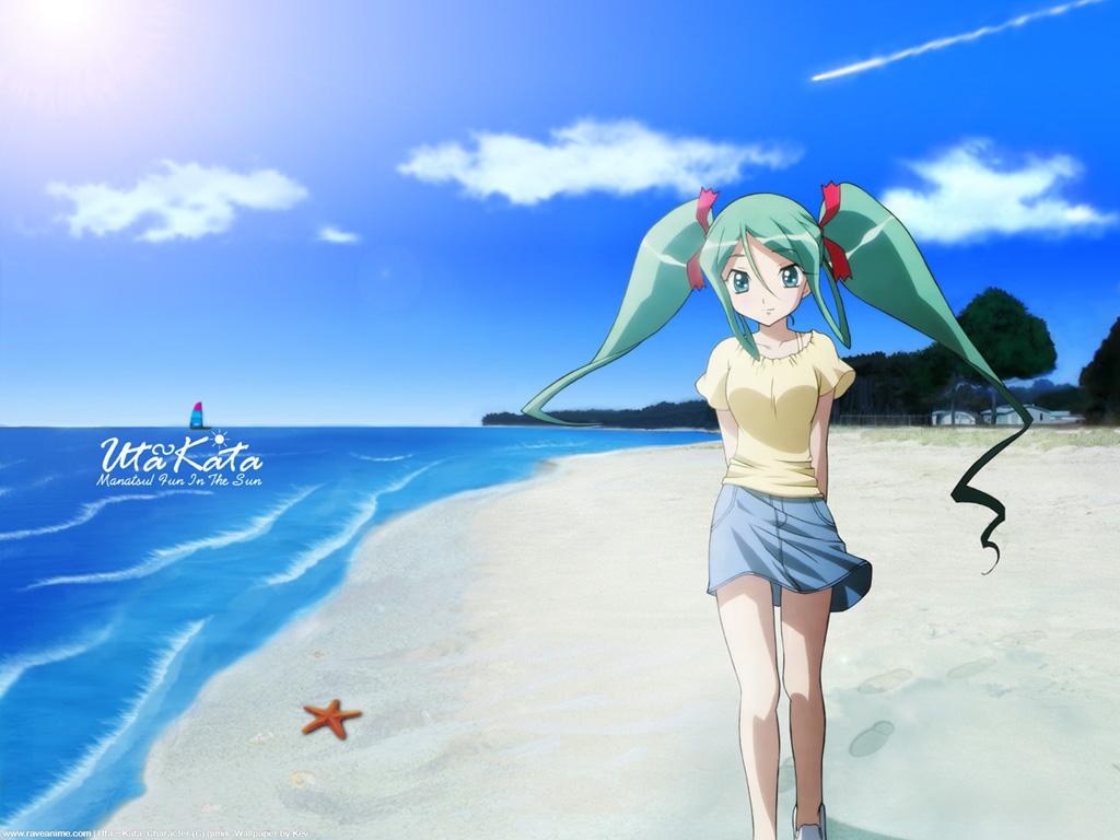 kuroki manatsu, umi, utakata, 00s, 1girl, aqua eyes, aqua hair, beach, cloud, day, female focus, long hair, ocean, outdoors, solo, water